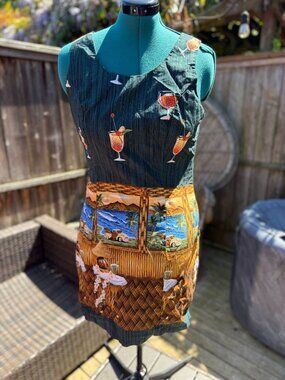 Vintage Hawaiian Colorful Cotton Tiki Drink Tank Mini Dress LG